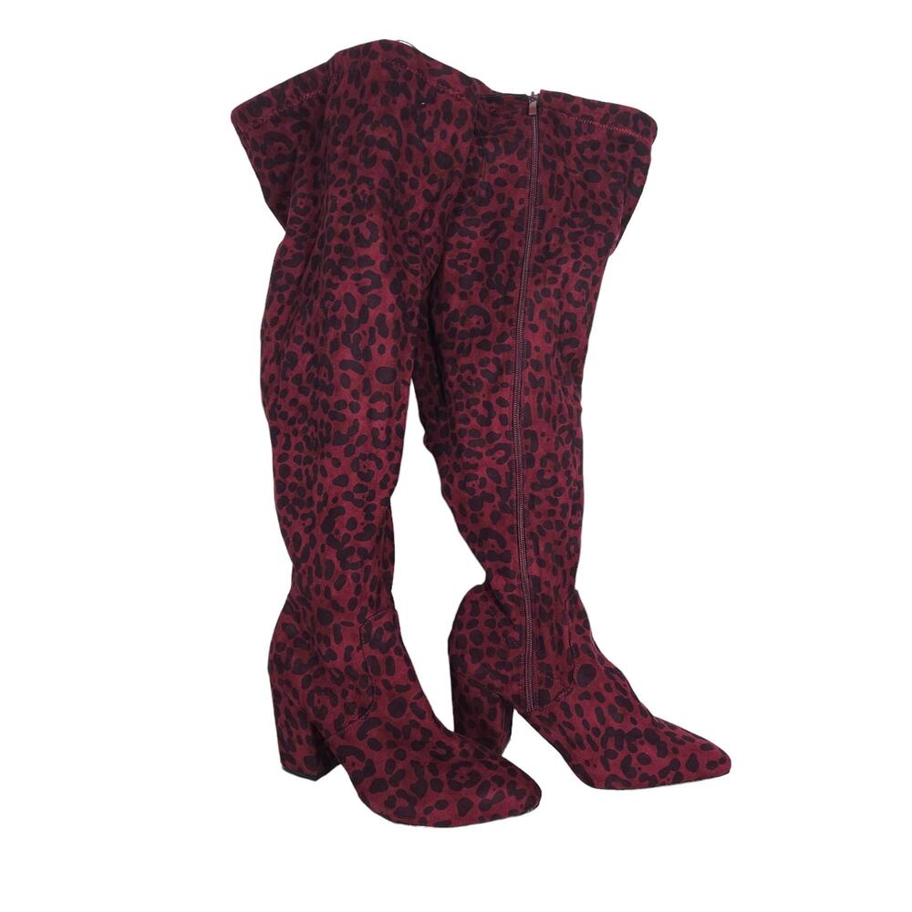 Torrid Womens Over The Knee Boots 10.5 WW Burgundy Red Leopard Print Pointed Toe